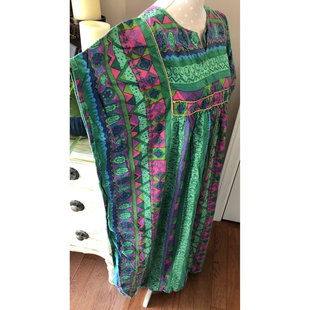 Vtg Kaftan 100% Cotton Long Kaftan Dress Caftan Vibrant Colors Kimono One Size - Picture 4 of 10